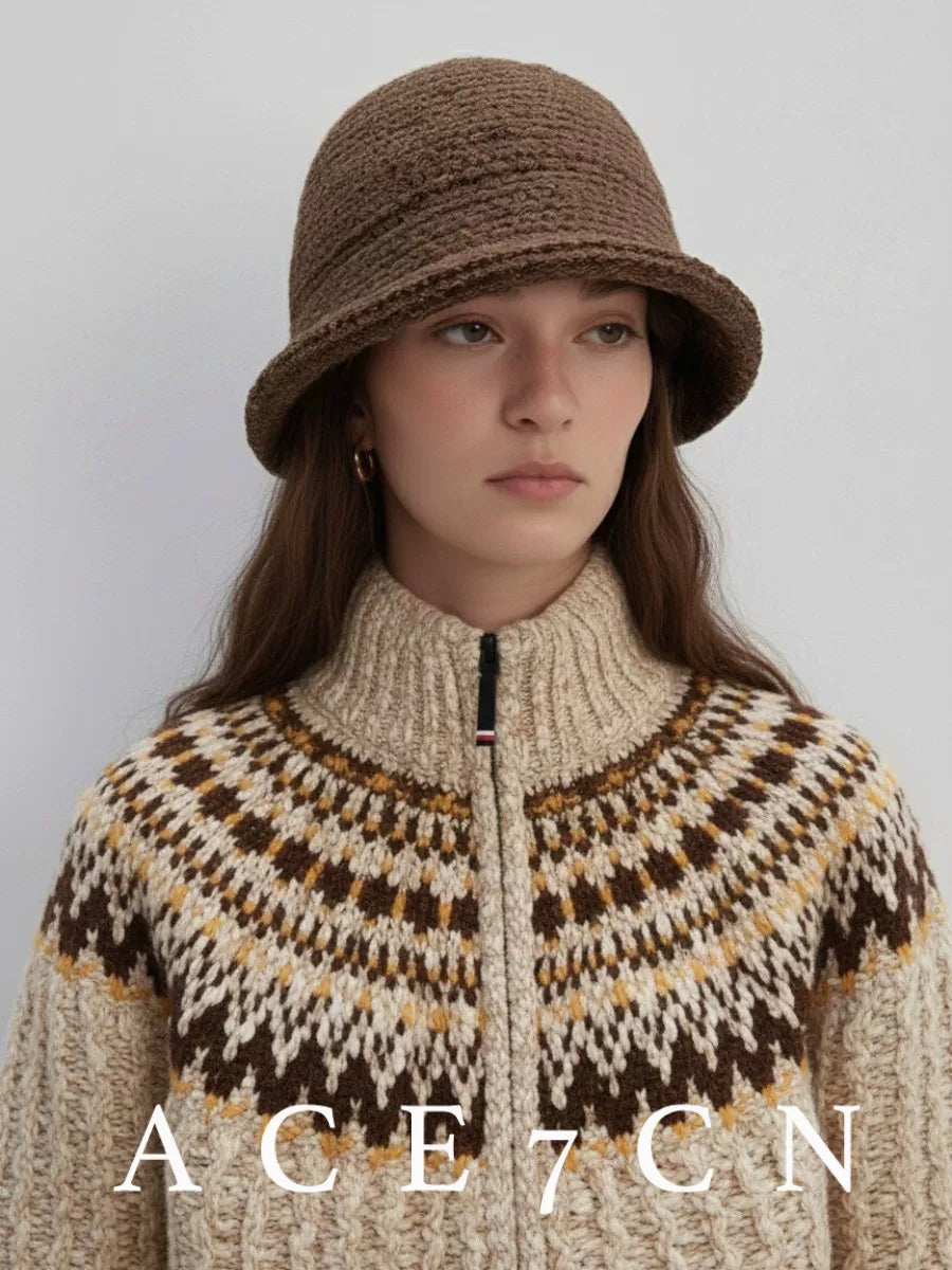 Nordic Minimalist Roll-Brim Hat Hand-Crochet Knit Beanie