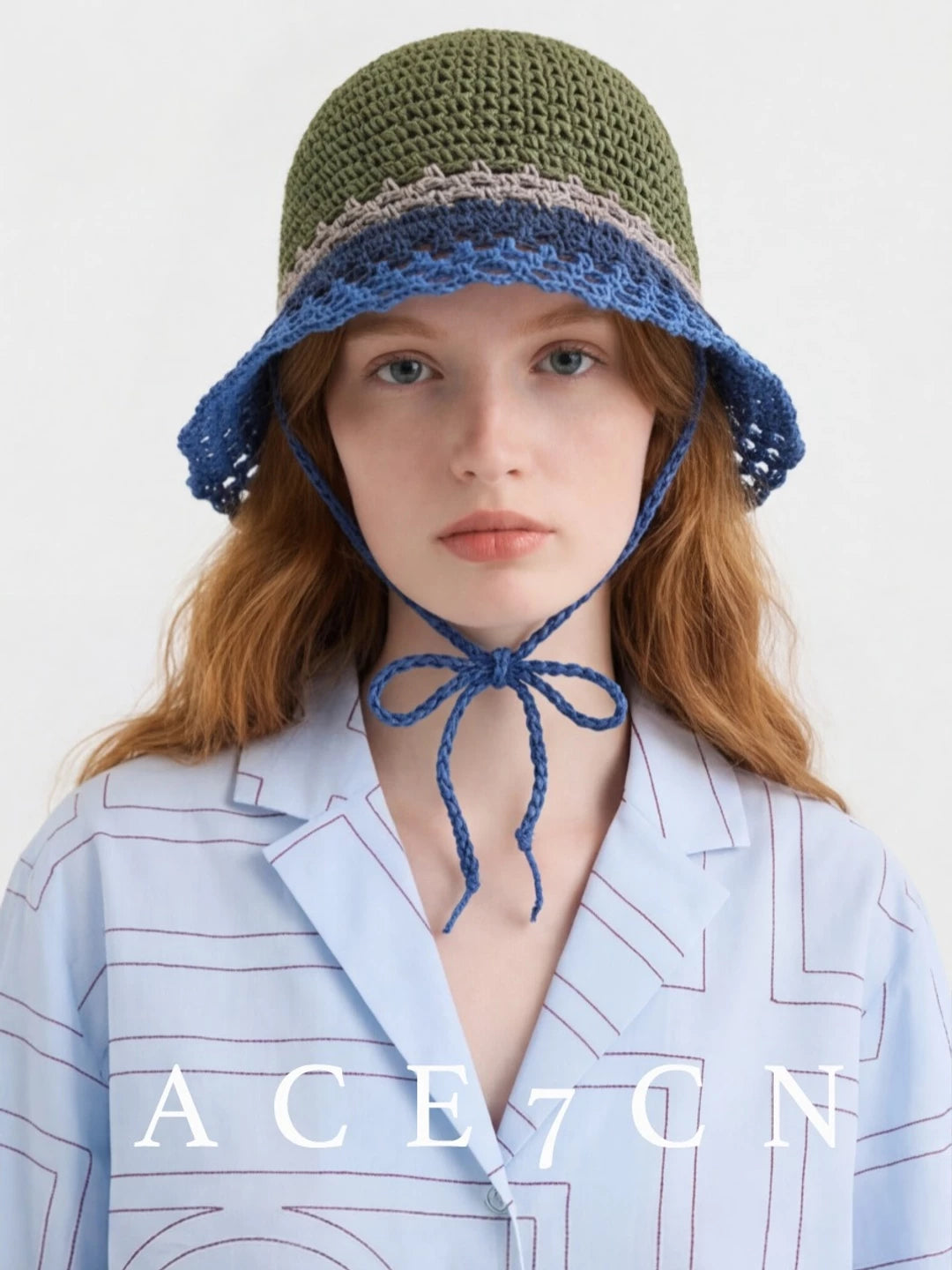 Nordic Hand-Crochet Color-Block Bucket Hat Openwork Breathable