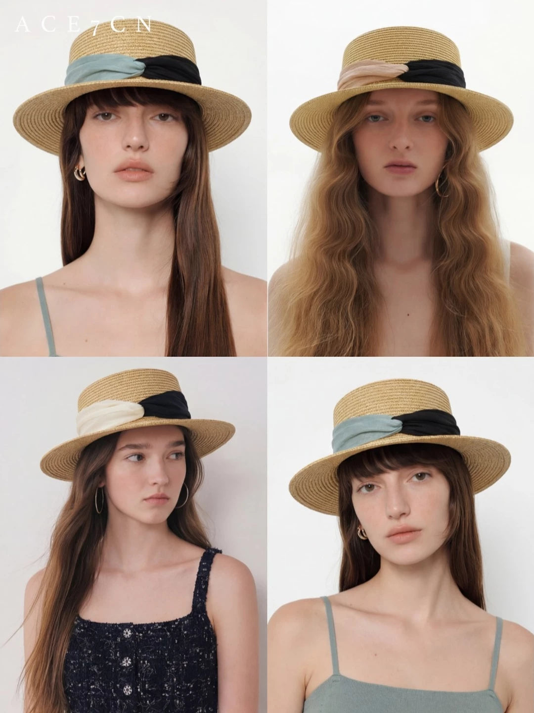 French Vintage Straw Hat Ribbon Color-Block Hepburn