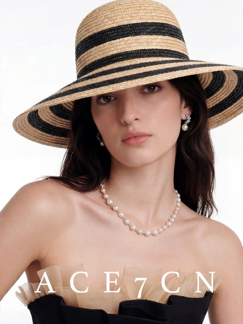 Classic Hepburn-Style Wheat-Straw Straw Hat Striped Wide-Brim