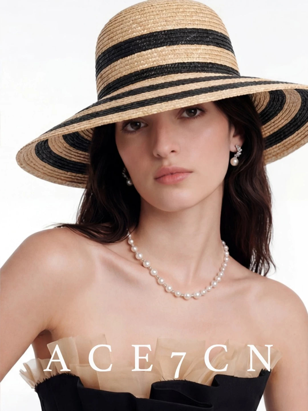 Classic Hepburn-Style Wheat-Straw Straw Hat Striped Wide-Brim