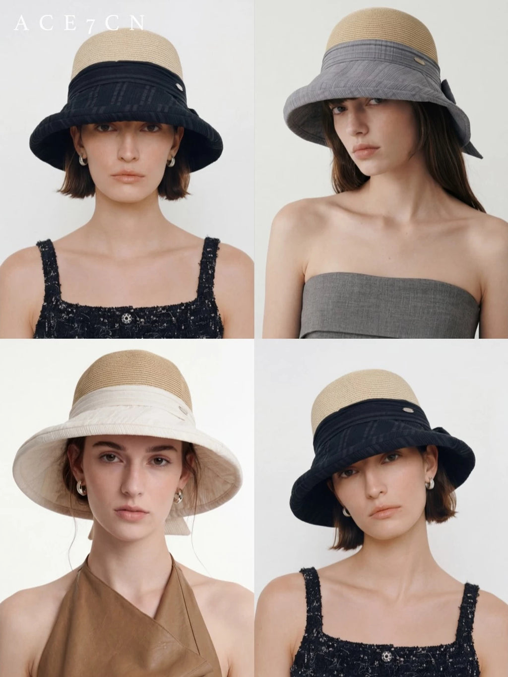 Japanese Niche Fabric-Straw Patchwork Bucket Hat Bow