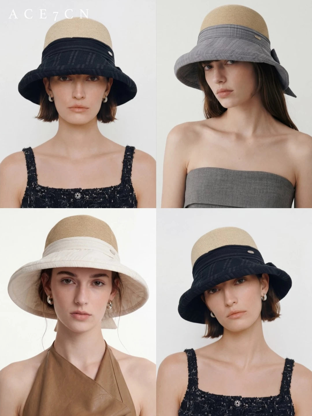 Japanese Niche Fabric-Straw Patchwork Bucket Hat Bow