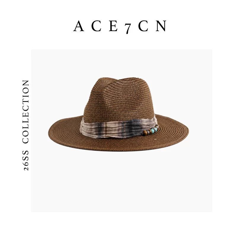 Vintage Western Ink-Wash Ribbon Fedora Woven Straw