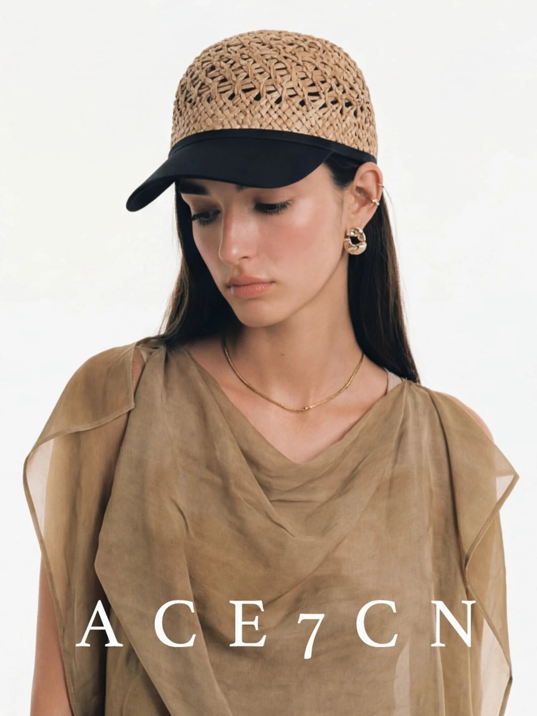 Designer Natural-Straw Openwork Woven Riding Hat Straw-Woven