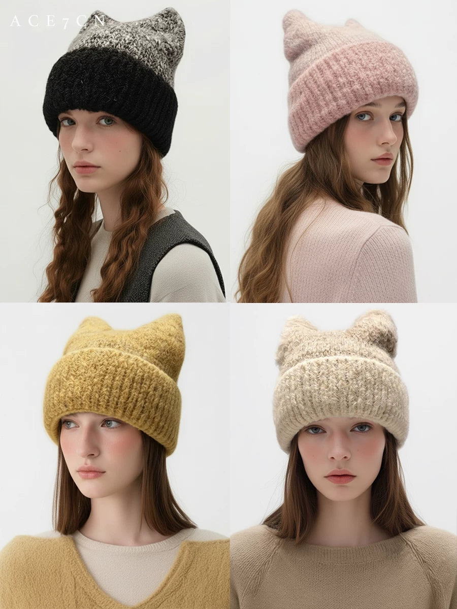 Nordic Cat-Ear Beanie Fluffy Autumn-Winter Warm Knit