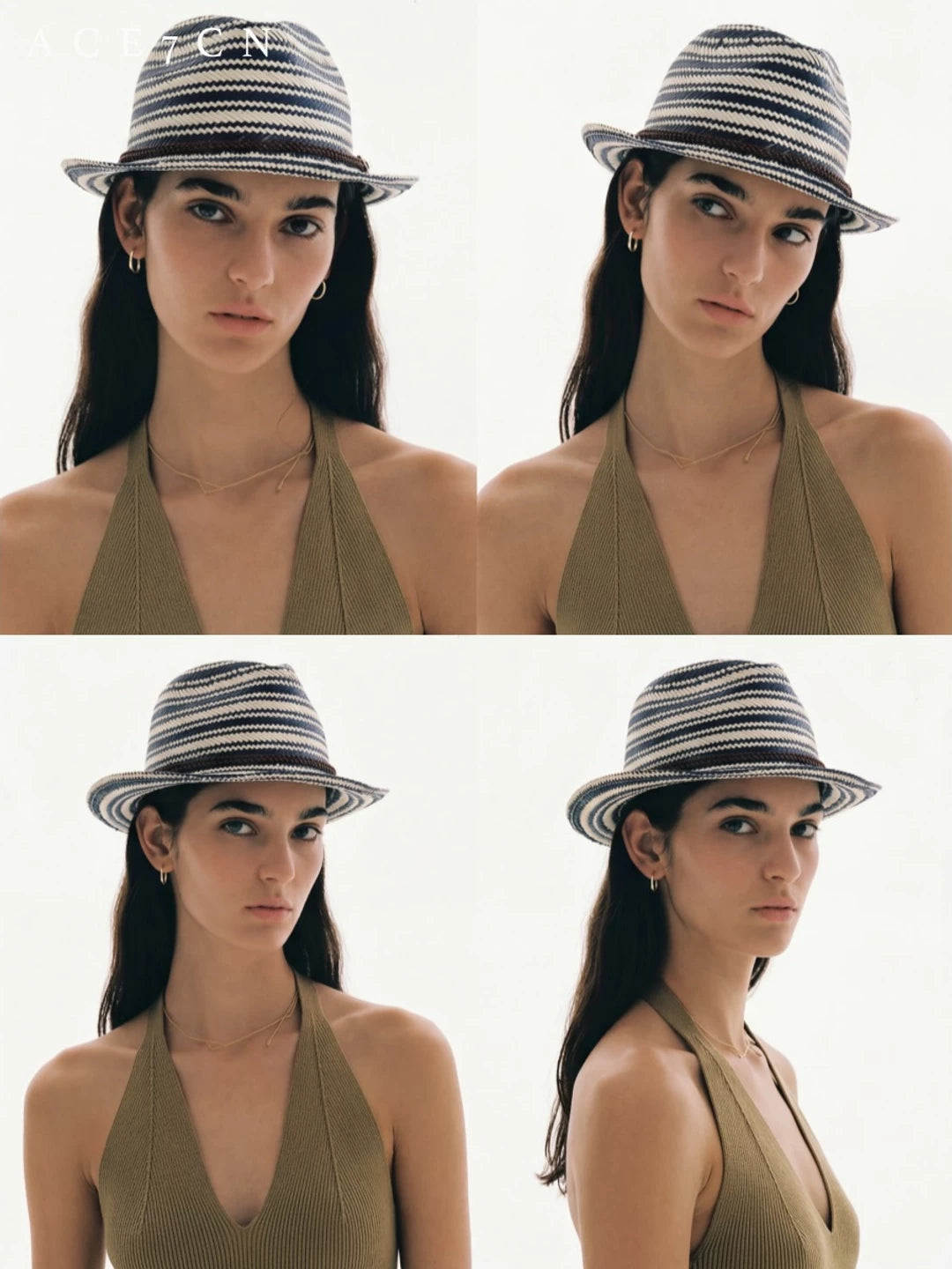 South-France Vintage Blue-White Striped Straw Hat Resort