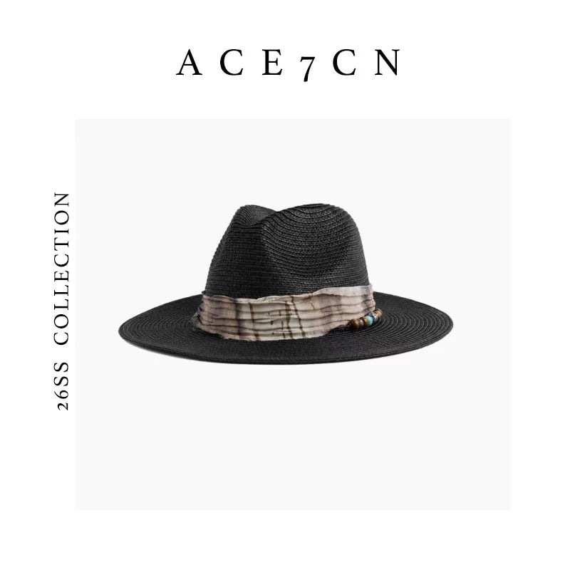 Vintage Western Ink-Wash Ribbon Fedora Woven Straw