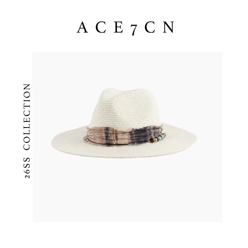Vintage Western Ink-Wash Ribbon Fedora Woven Straw