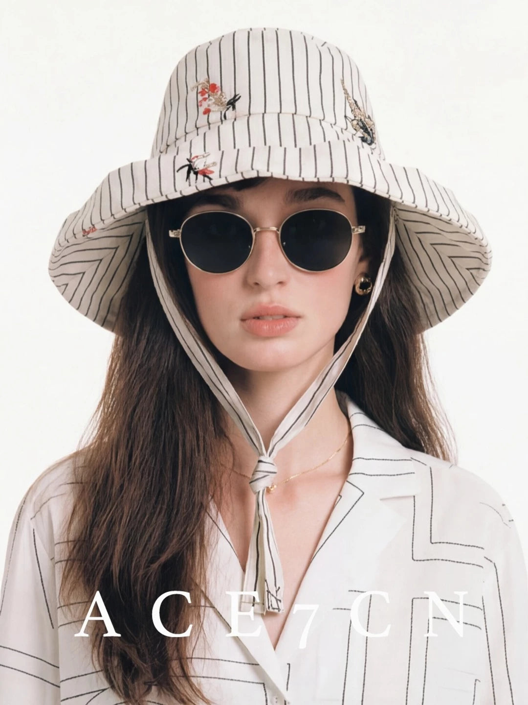 Light-French Wide-Brim Striped Bucket Hat Embellished Embroidered