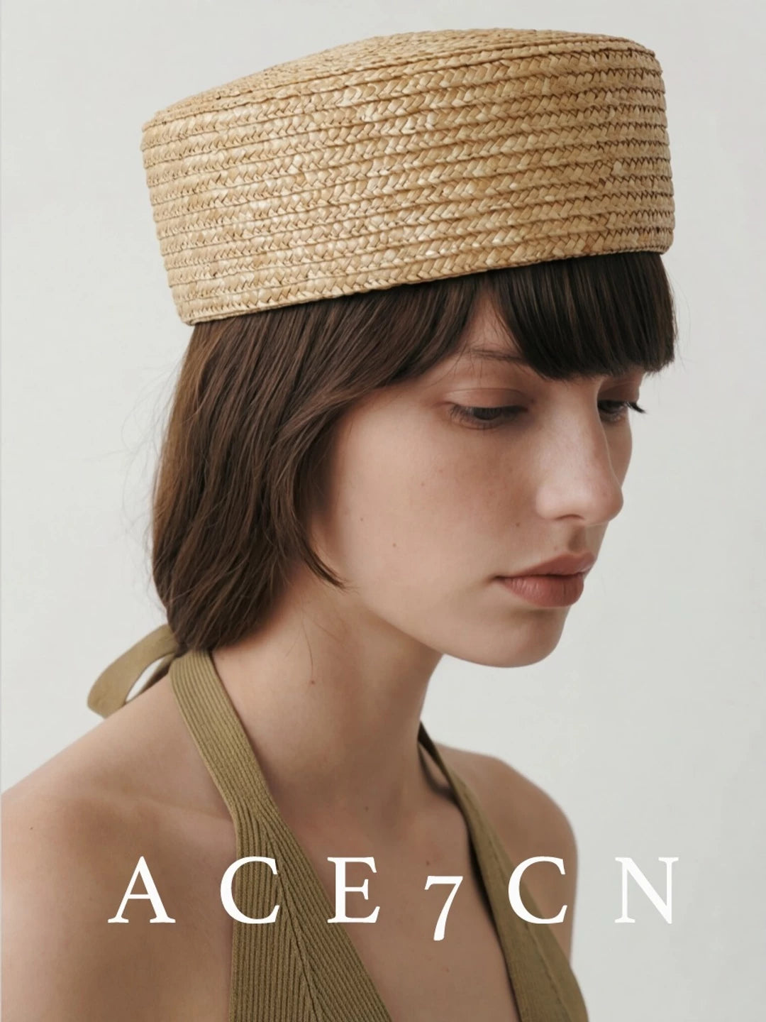 French Vintage Straw-Woven Pillbox Hat Handmade Flat-Top