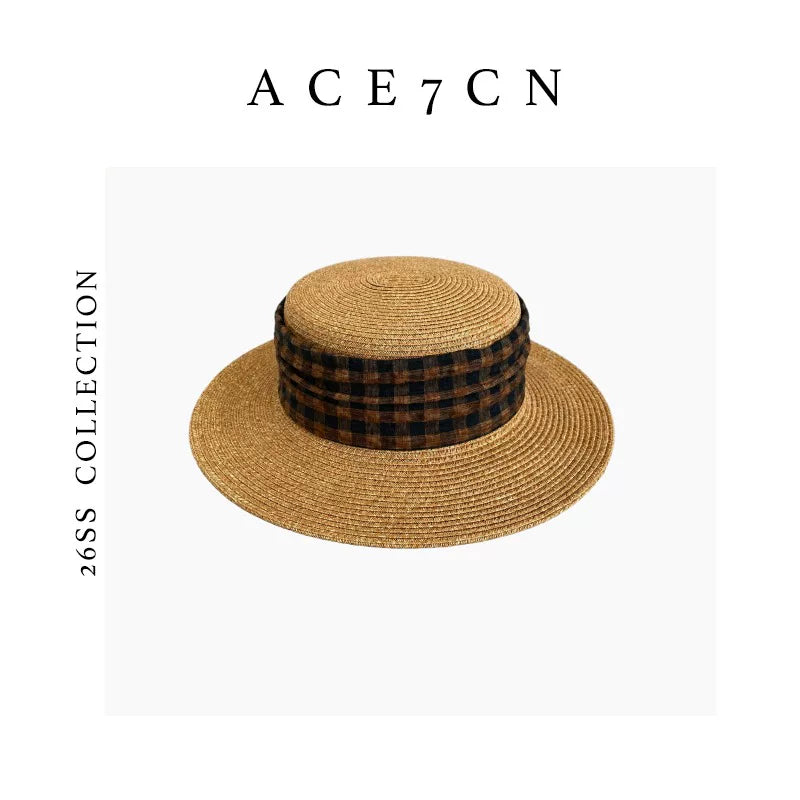 Korean Plaid Straw Hat British Vintage Resort