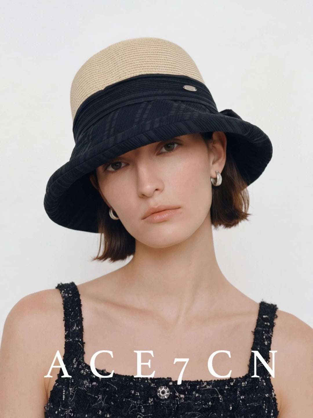 Japanese Niche Fabric-Straw Patchwork Bucket Hat Bow