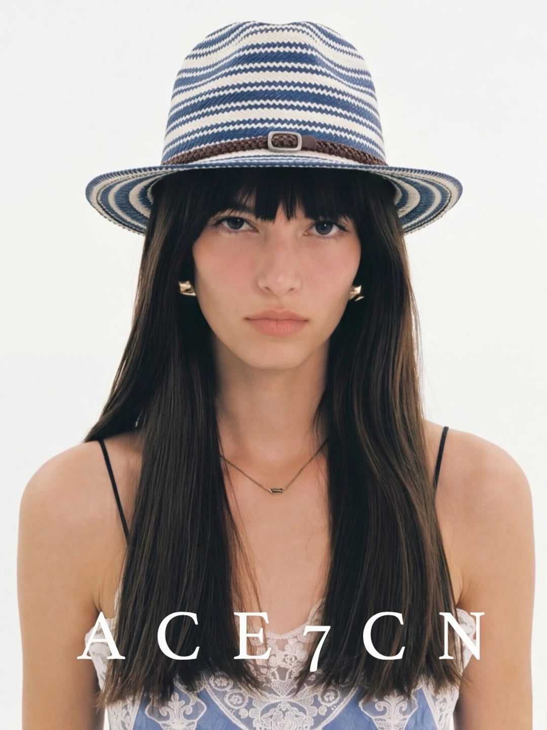 Nautical Urban Vintage Blue-White Striped Straw Hat
