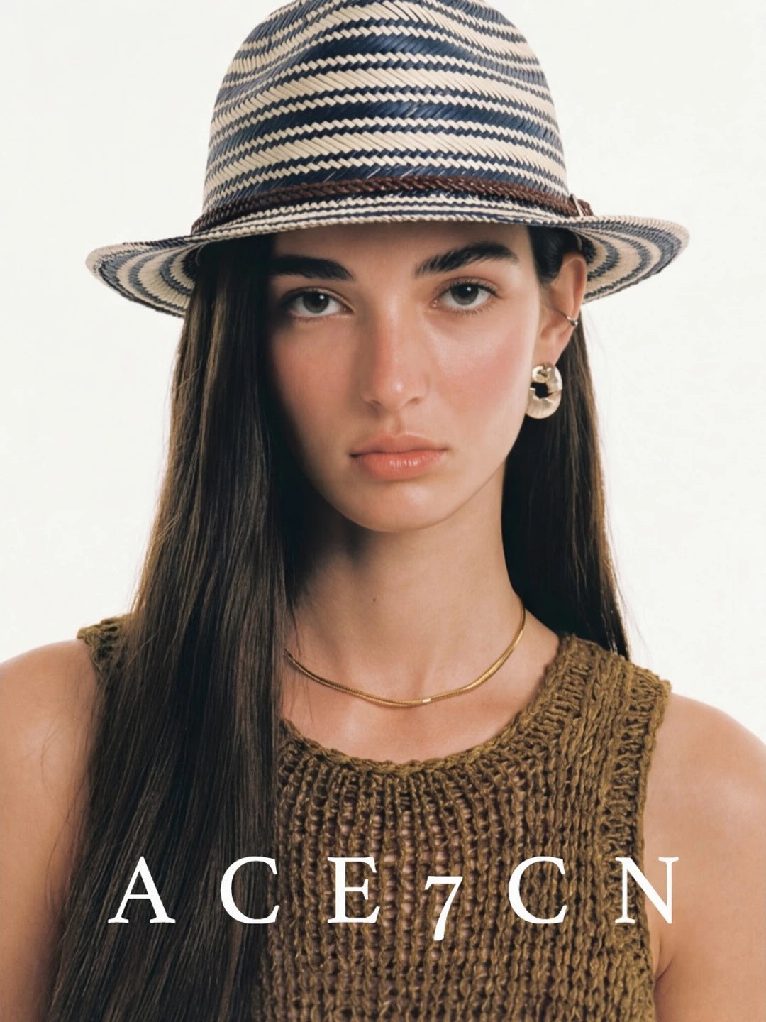 British Vintage Blue-White Striped Straw Hat Resort