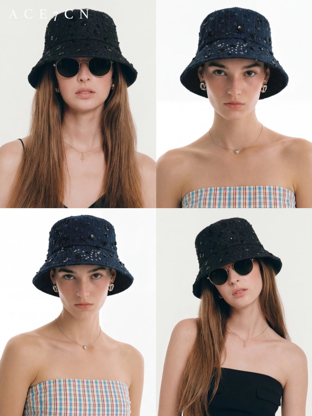 Denim Vintage Bucket Hat Embellished Subtle-Glitter Sequin