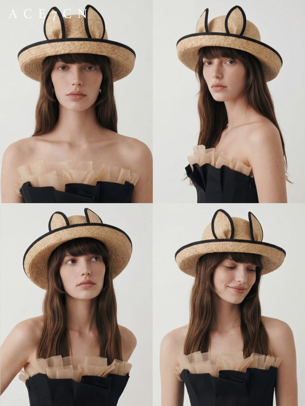 Japanese Niche Bunny-Ear Raffia Straw Hat 3D