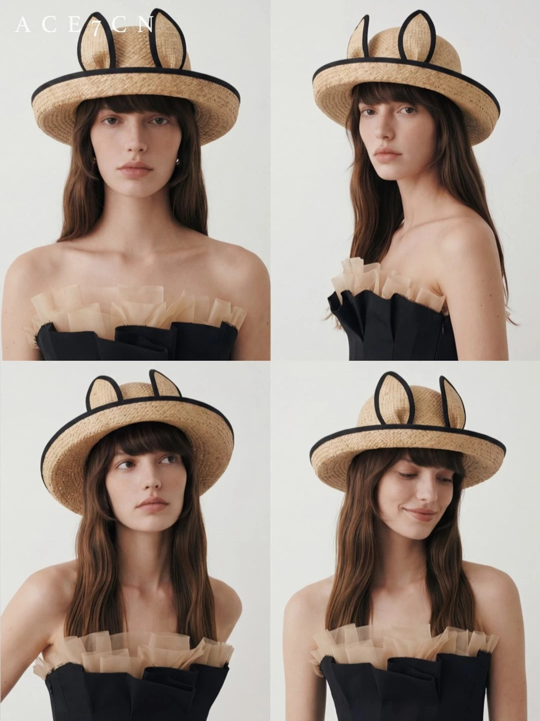 Japanese Niche Bunny-Ear Raffia Straw Hat 3D