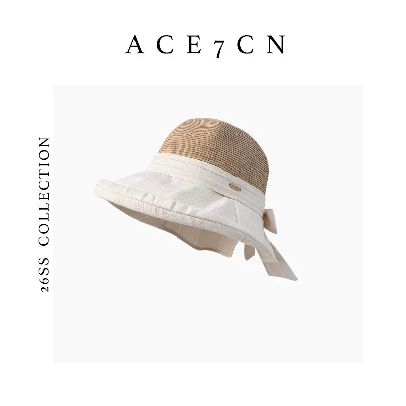 Japanese Niche Fabric-Straw Patchwork Bucket Hat Bow