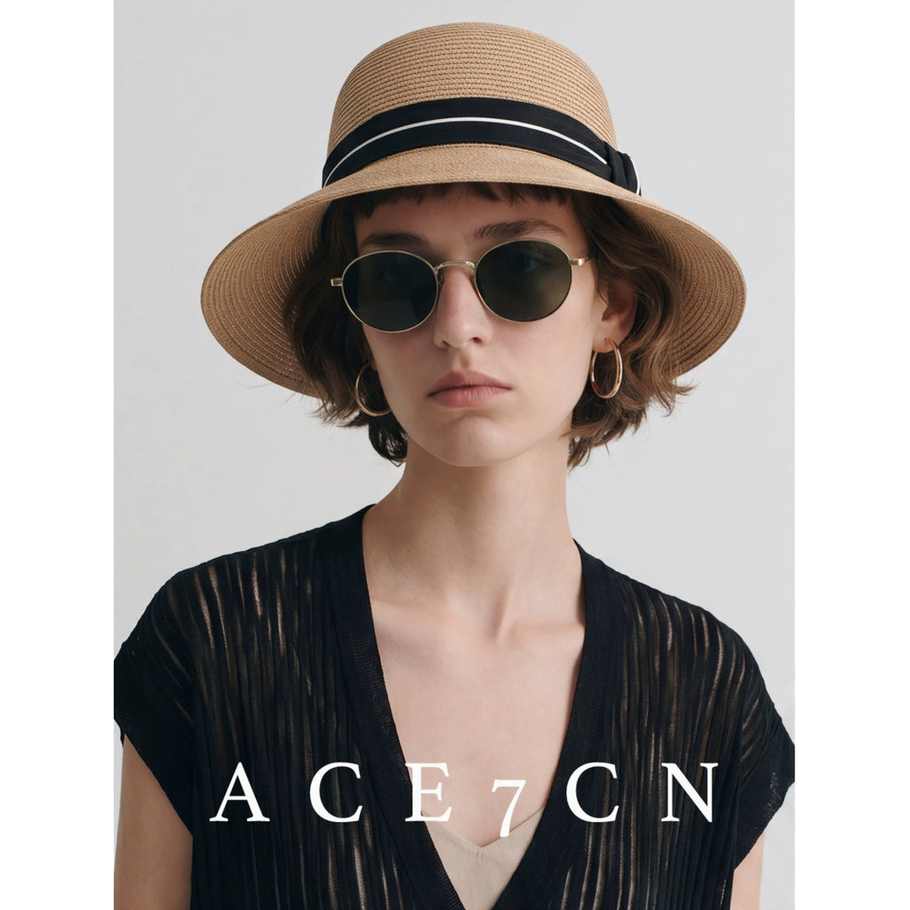 Hepburn-Style Bucket Hat Ribbon Wide-Brim Straw Hat