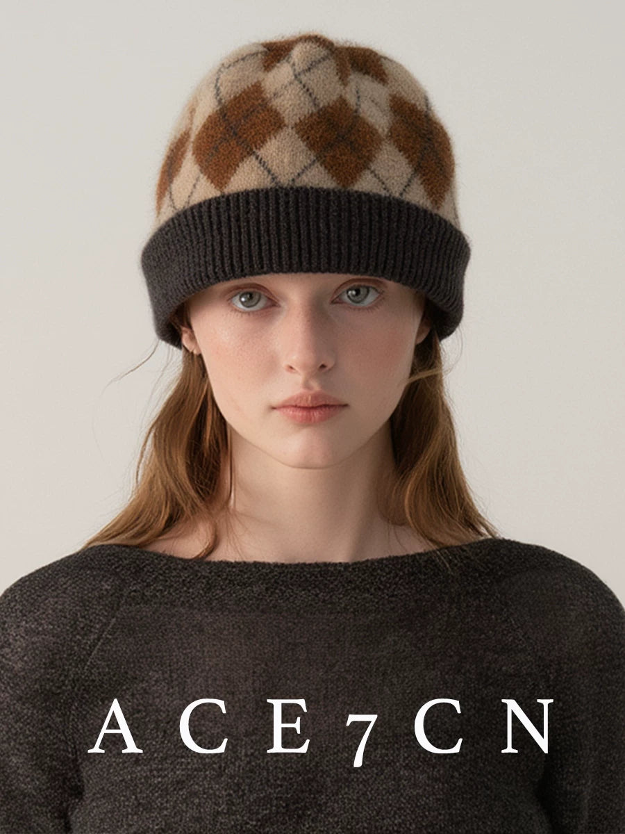 100 cashmere Nordic Argyle Cashmere Hat Autumn-Winter