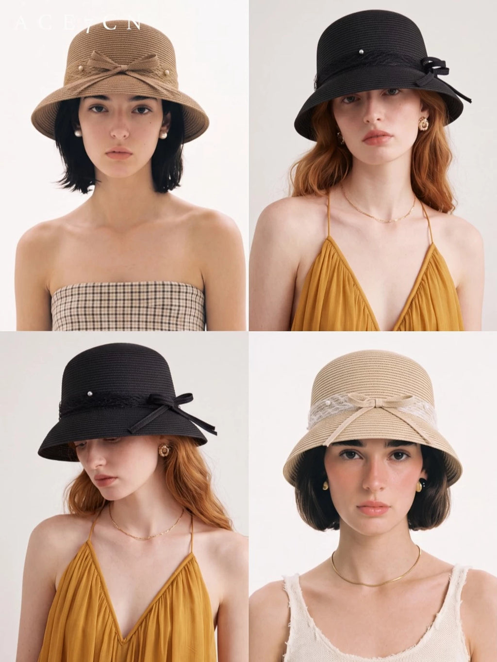 Japanese Niche Straw-Woven Cloche Hat Bow Bucket