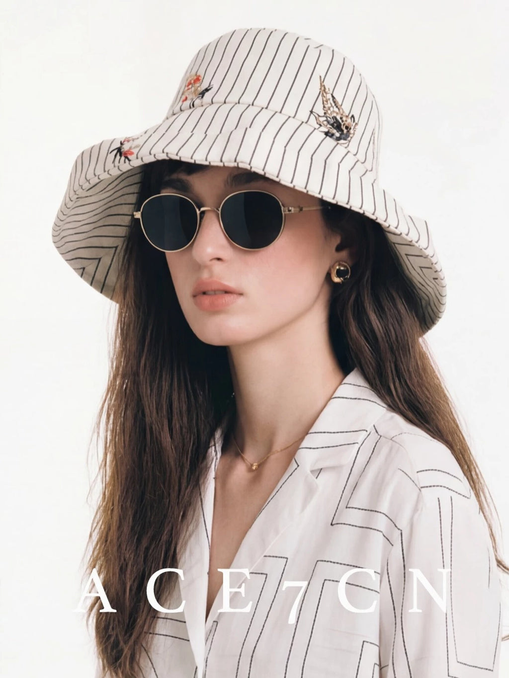 Light-French Wide-Brim Striped Bucket Hat Embellished Embroidered