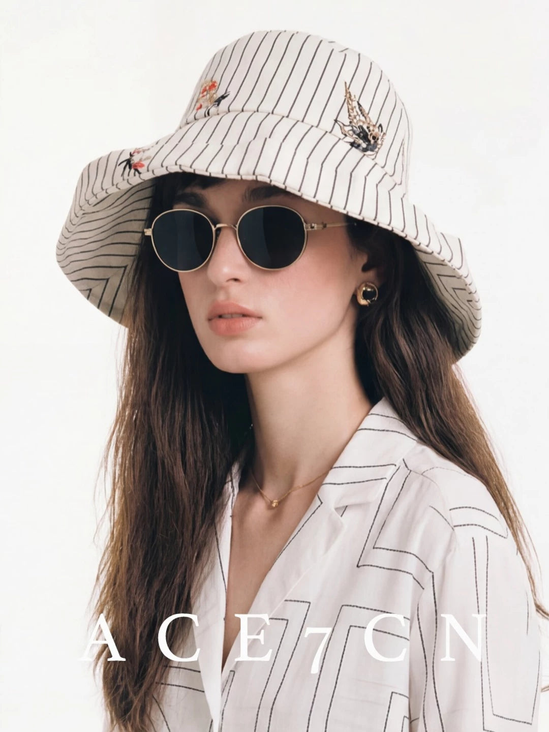 Light-French Wide-Brim Striped Bucket Hat Embellished Embroidered