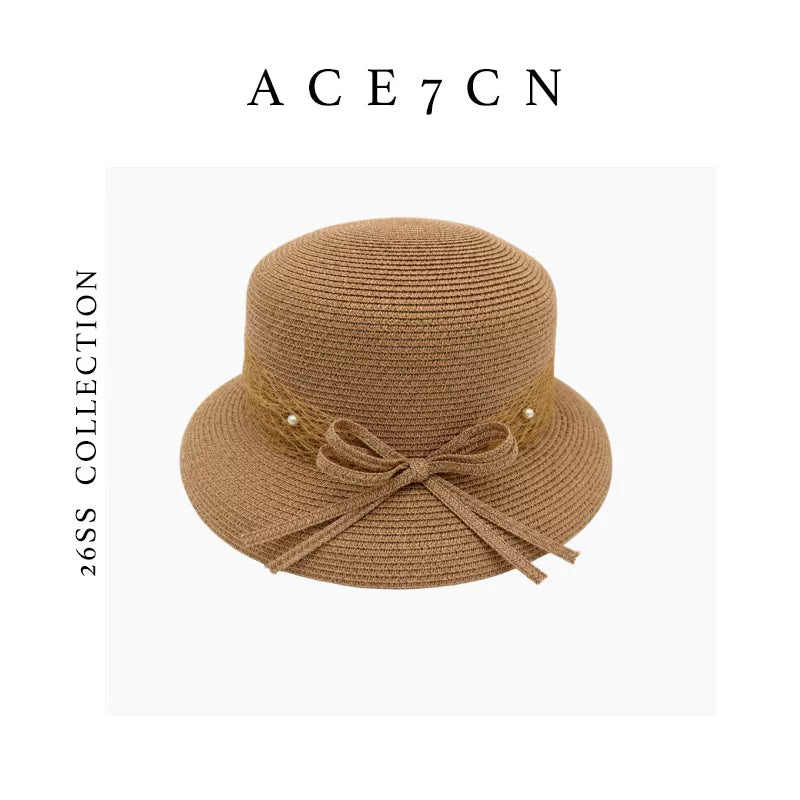 Japanese Niche Straw-Woven Cloche Hat Bow Bucket