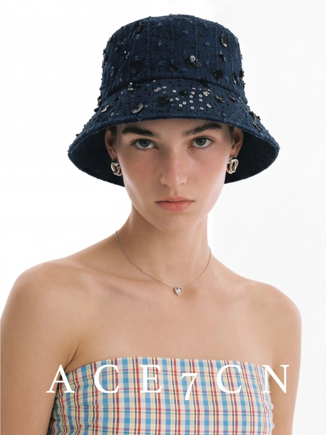 Denim Vintage Bucket Hat Embellished Subtle-Glitter Sequin