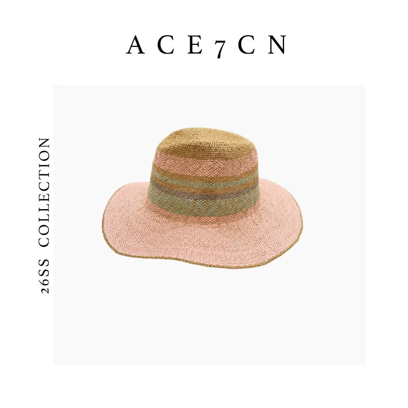 Nordic Colorful Straw-Woven Fedora French Striped Color-Block