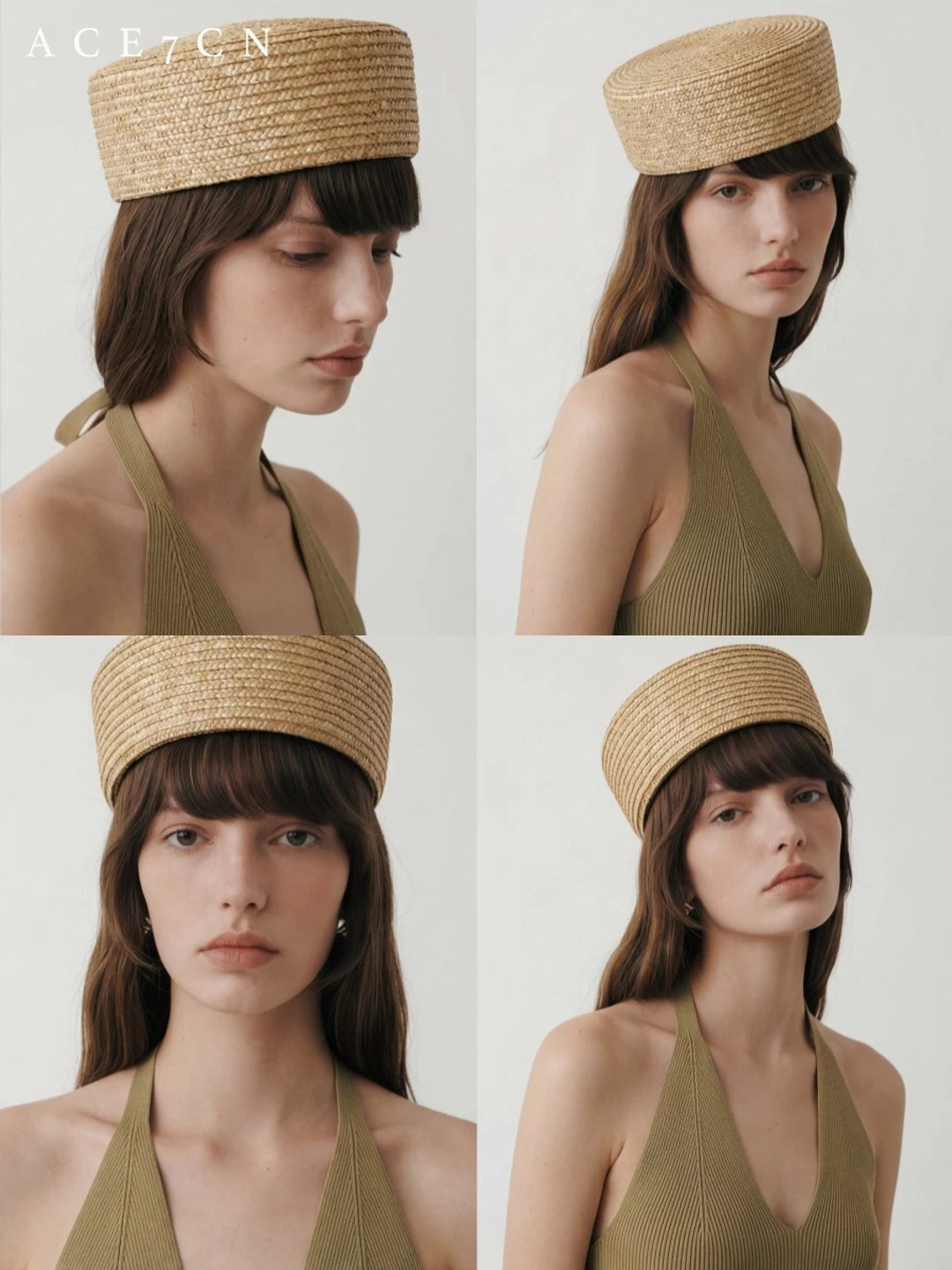 French Vintage Straw-Woven Pillbox Hat Handmade Flat-Top