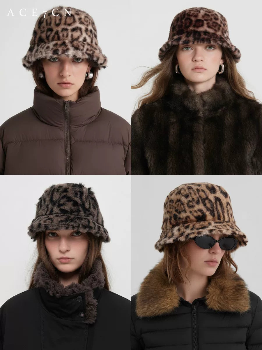 British Vintage Leopard Bucket Hat Vintage Faux-Fur