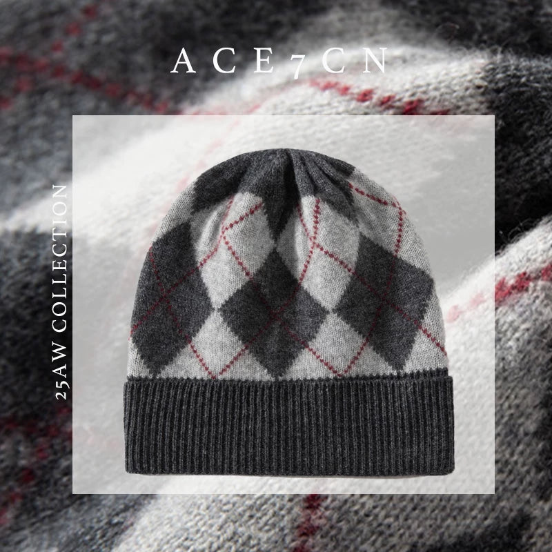 100 cashmere Nordic Argyle Cashmere Hat Autumn-Winter