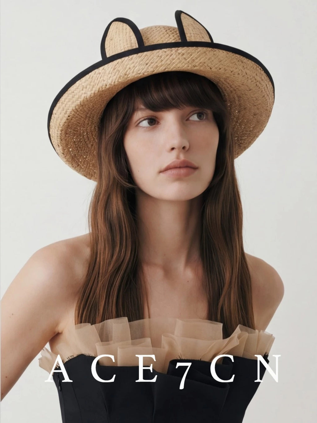 Japanese Niche Bunny-Ear Raffia Straw Hat 3D