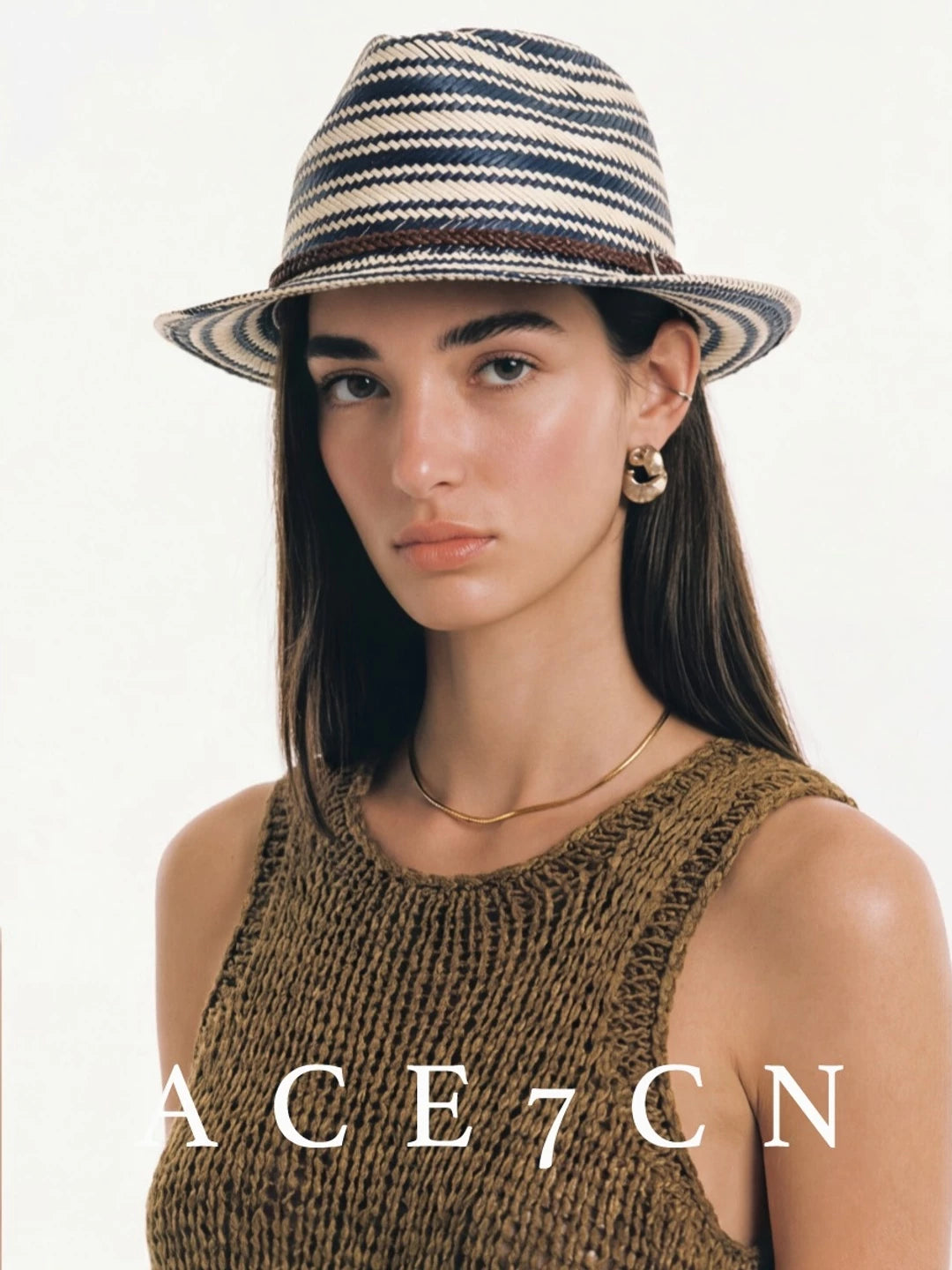 British Vintage Blue-White Striped Straw Hat Resort