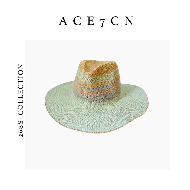 Nordic Colorful Straw-Woven Fedora French Striped Color-Block