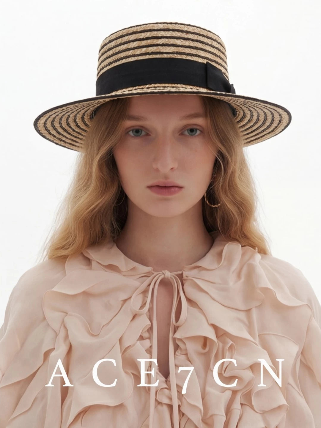 Korean Natural-Straw Wheat-Straw Straw Hat Striped Dress