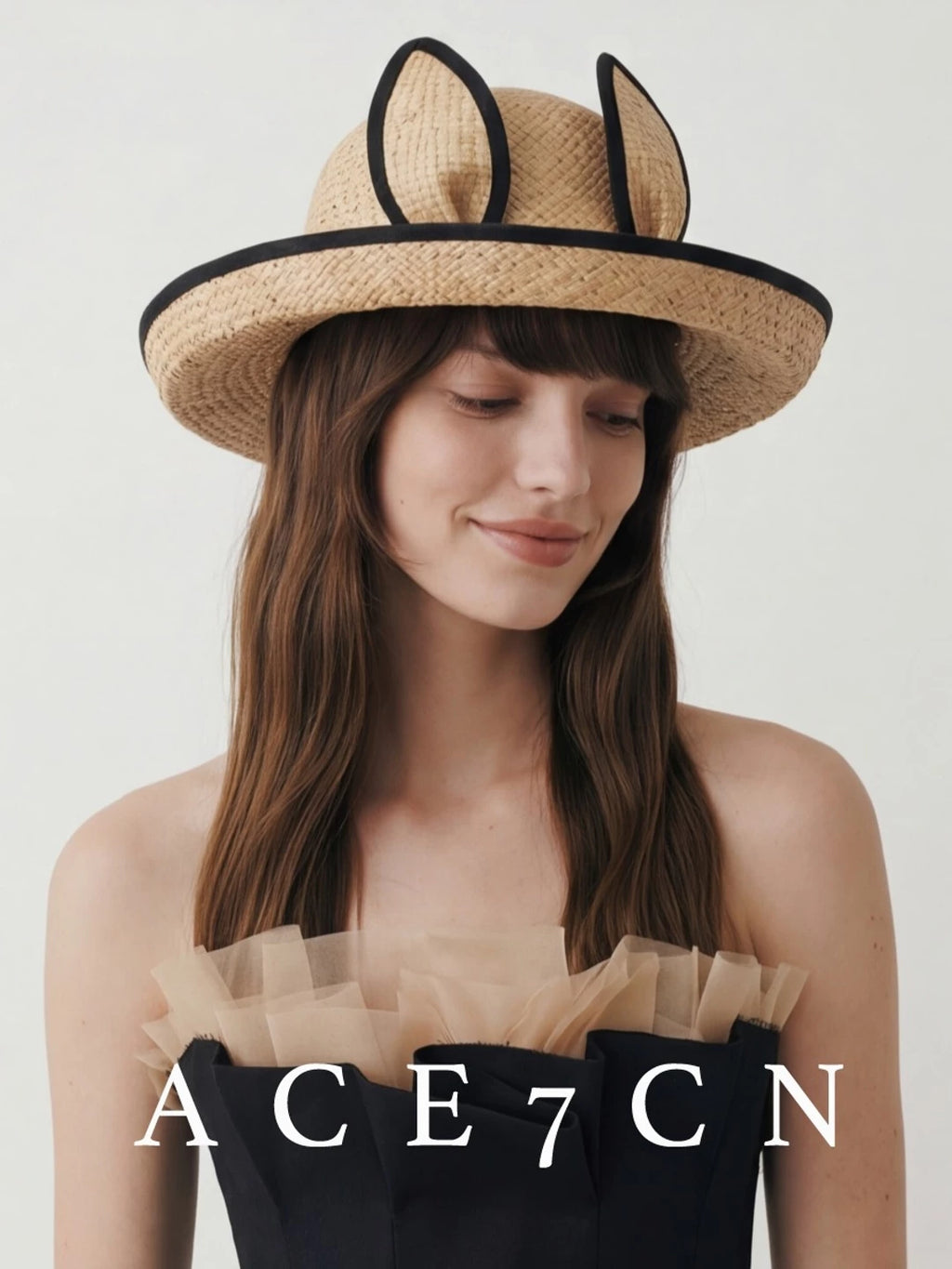 Japanese Niche Bunny-Ear Raffia Straw Hat 3D