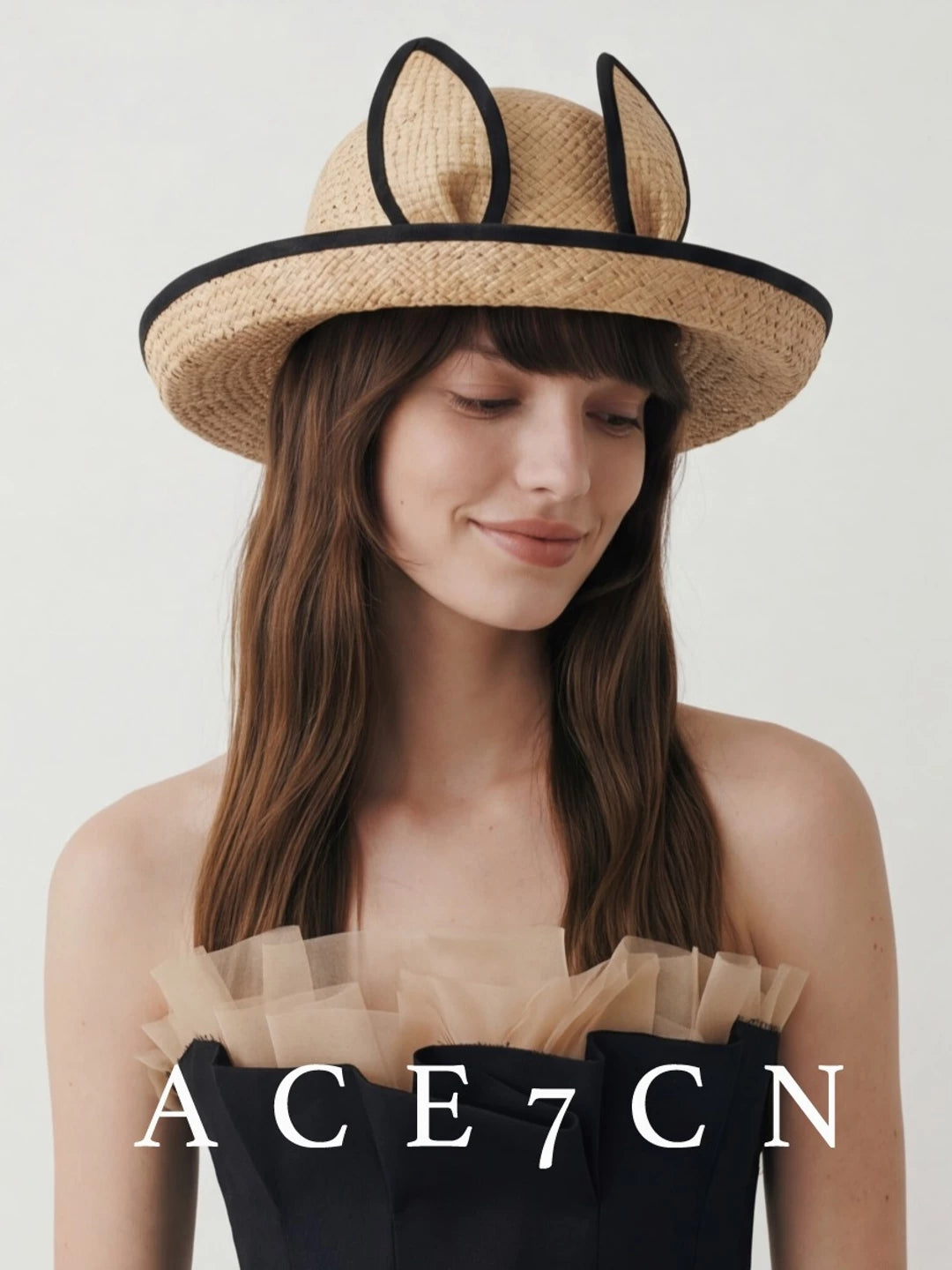 Japanese Niche Bunny-Ear Raffia Straw Hat 3D
