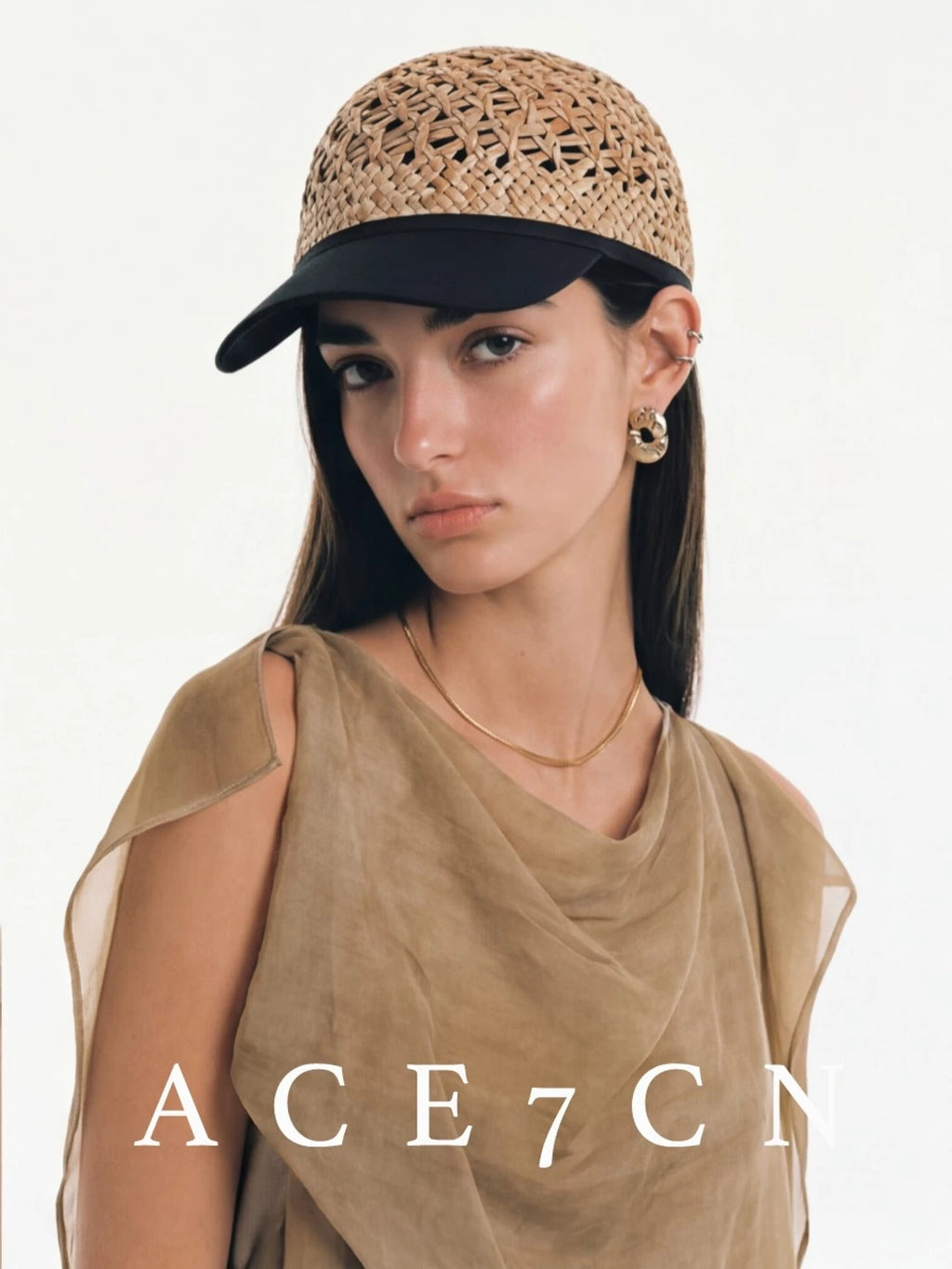 Designer Natural-Straw Openwork Woven Riding Hat Straw-Woven