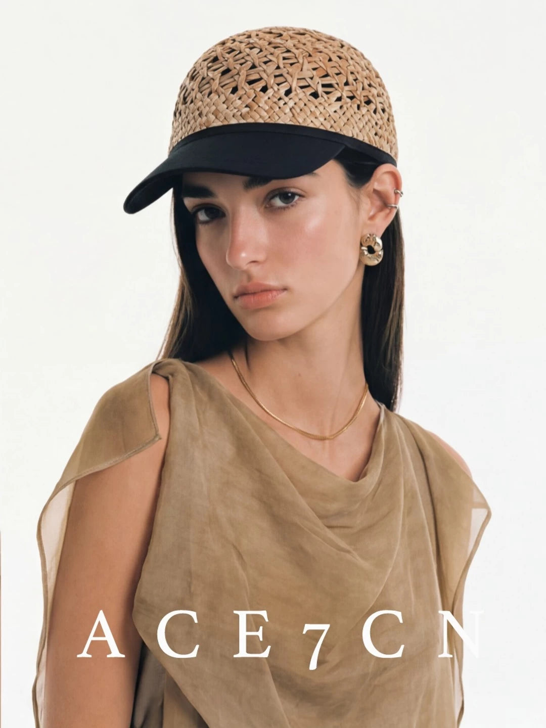 Designer Natural-Straw Openwork Woven Riding Hat Straw-Woven