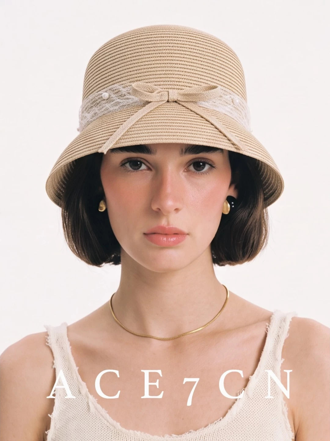 Japanese Niche Straw-Woven Cloche Hat Bow Bucket