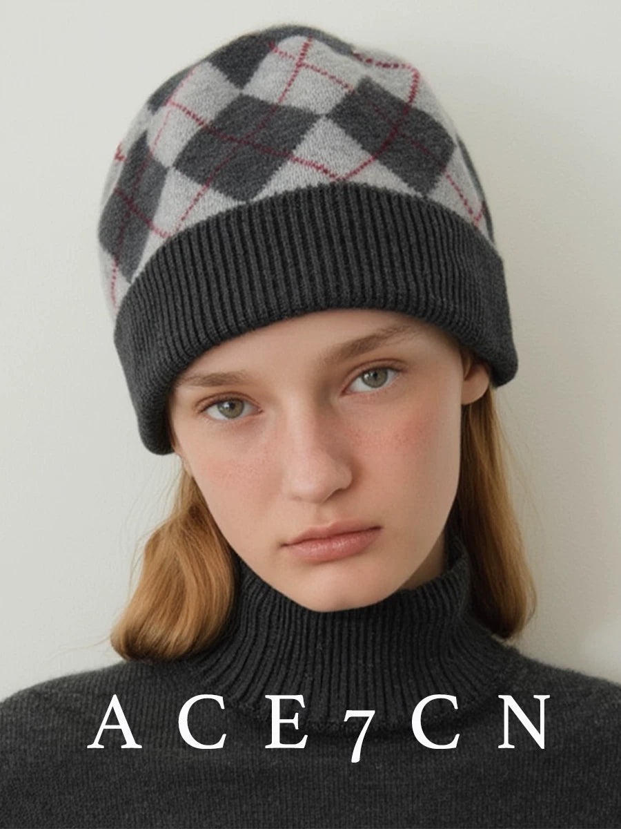 100 cashmere Nordic Argyle Cashmere Hat Autumn-Winter