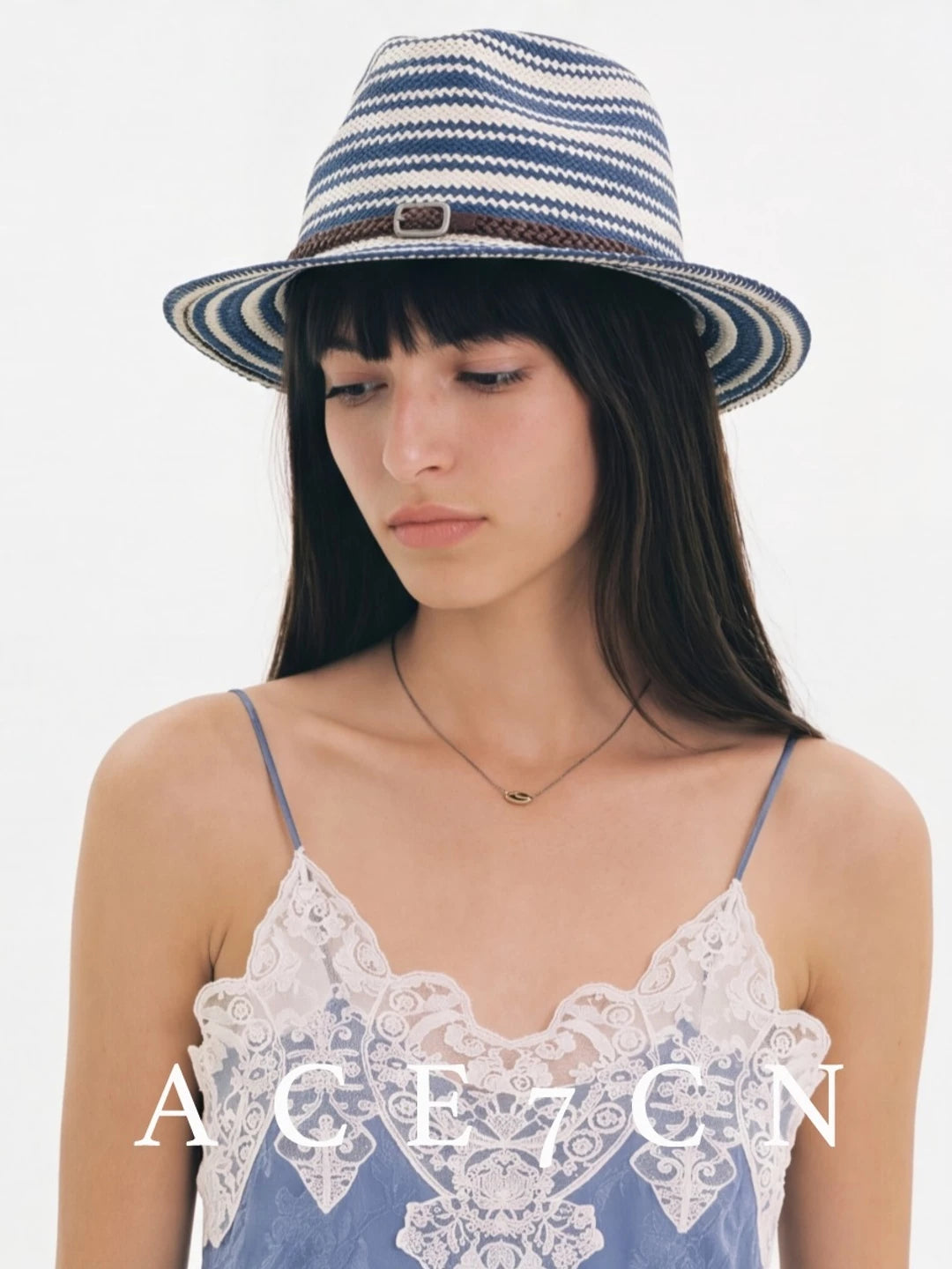 Nautical Urban Vintage Blue-White Striped Straw Hat