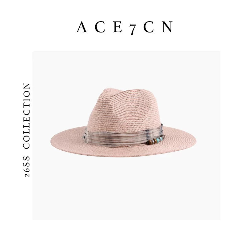 Vintage Western Ink-Wash Ribbon Fedora Woven Straw