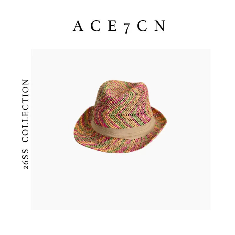 Nordic Colorful Multicolor-Yarn Straw-Woven Fedora American Western