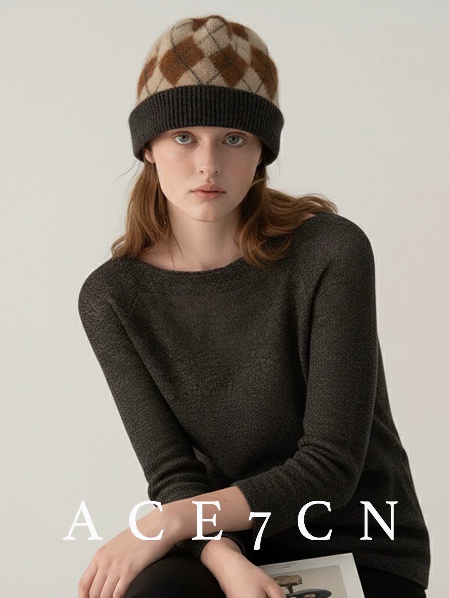 100 cashmere Nordic Argyle Cashmere Hat Autumn-Winter