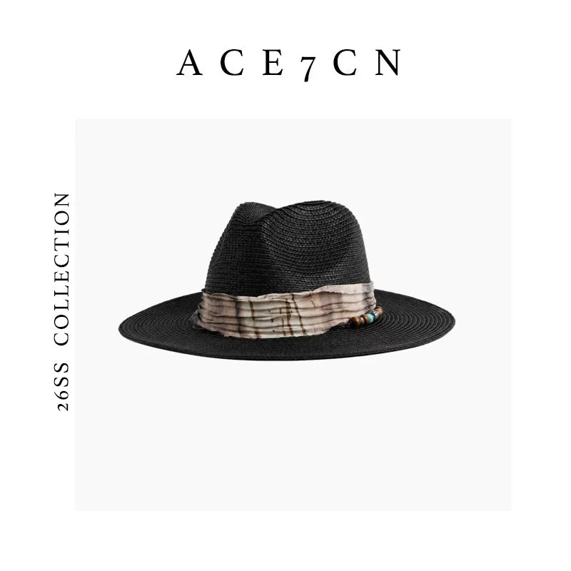 Vintage Western Ink-Wash Ribbon Fedora Woven Straw