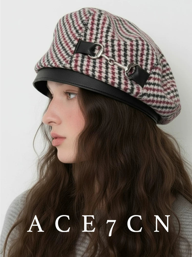 British Navy Cap Plaid Japanese Houndstooth Beret